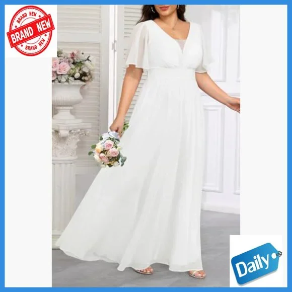 Plus Size Formal Maxi Dress V Neck Flutter Sleeves Chiffon Wedding Guest Gown